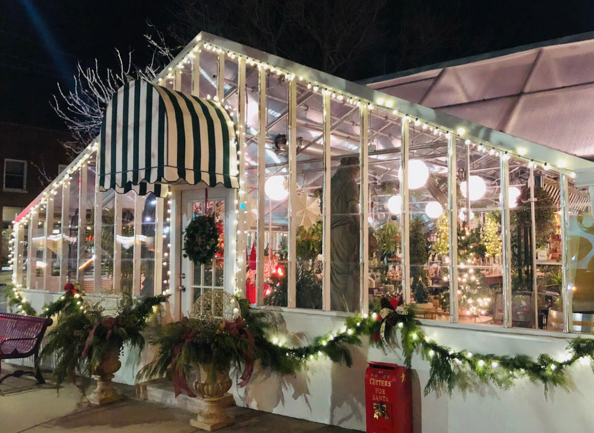 Busch's greenhouse, lit up after dark, with Christmas decorations